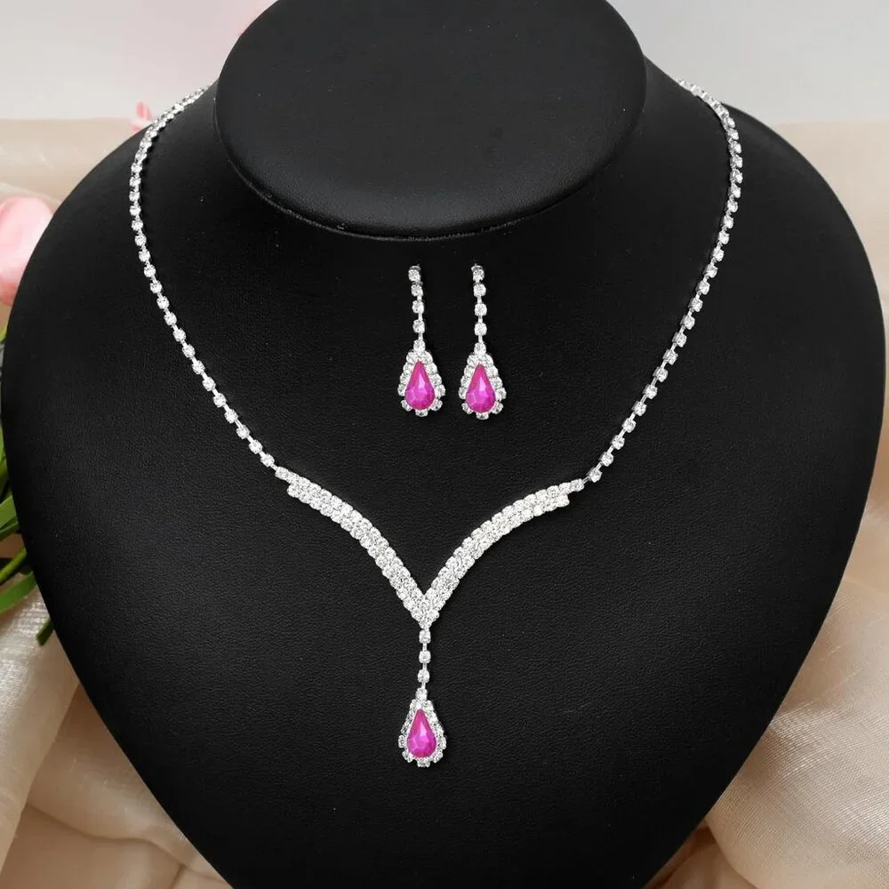 V-shape Crystal Wedding Jewelry Set for Women Bridal Necklace Earrings Bracelet - Picture 4 of 6